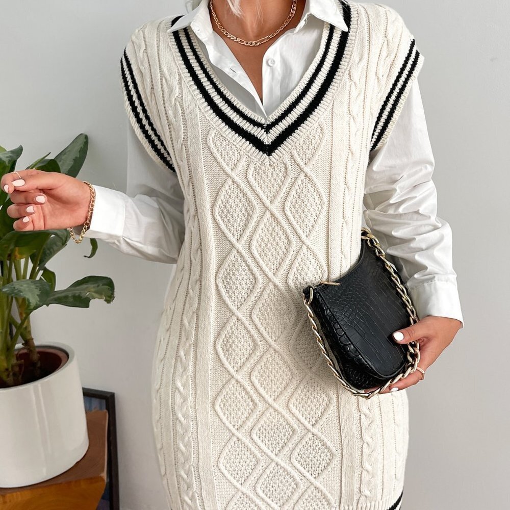 White Preppy Womens Striped Trim Cable Knit Sweater Dress